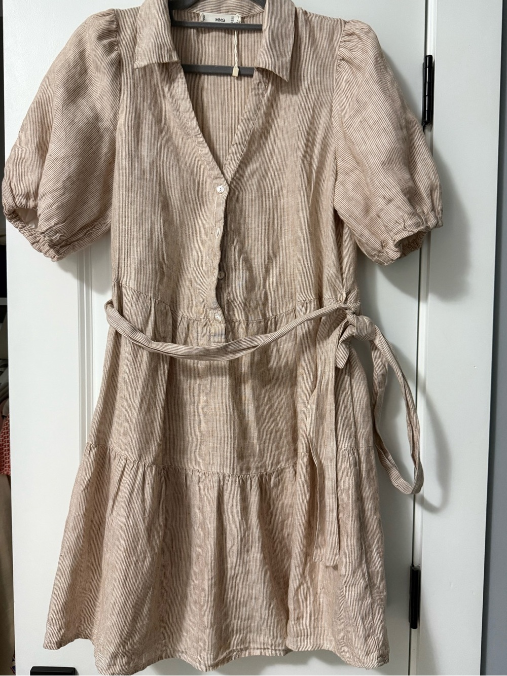 Mango women Beige Tiered Linen Dress with Puff Sleeves quality linen